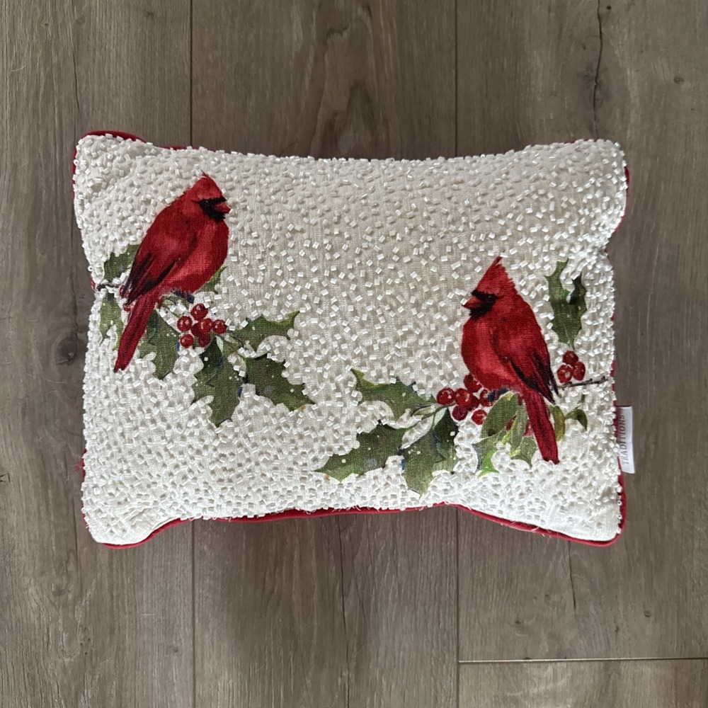 Cherished Traditions Beaded Christmas Cardinal Pillow Holly Leaves 13" x 10"